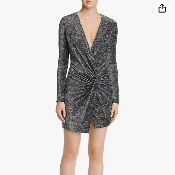 BLACK HALO NWT Lara Deep Plunge Mini Dress Metallic Tinker Bell 4 - Picture 3 of 9